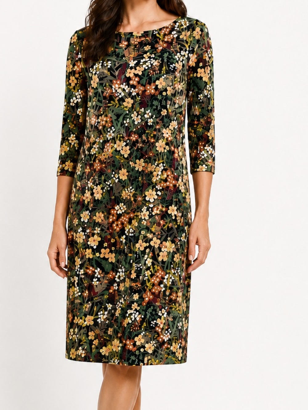 J. JILL Long Sleeve Floral Knit Midi Dress Black Green & Gold